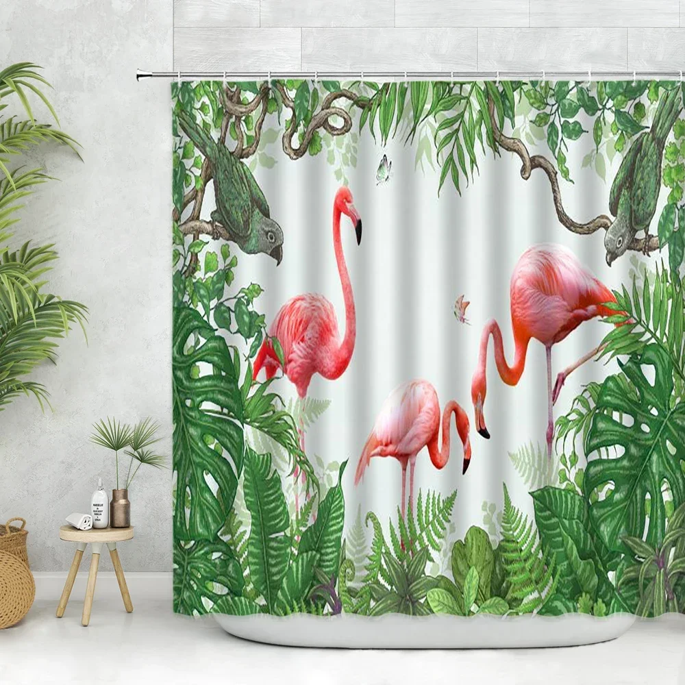 Tropical Palm Trees Shower Curtains Set Palm Leaves Animals Flamingos Parrot Tiger Watercolour Landscapes Bathroom Decor Fabric