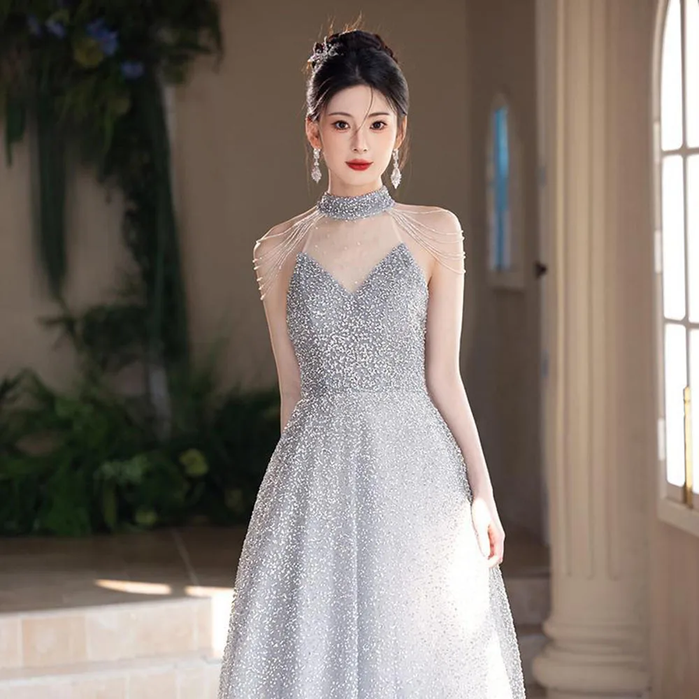 

Легкое роскошное женское блестящее вечернее платье с бретелькой на шее, новинка 2025 года, элегантное платье трапециевидной формы с кисточками на плечах, вечернее платье для выпускного вечера, женский жилет Quinceanera