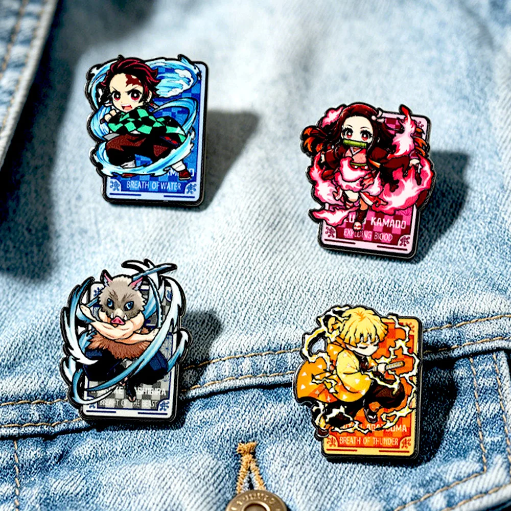 4Pcs/Set Demon Slayer Enamel Pins Kimetsu No Yaiba Tanjiro Nezuko Zenitsu Inosuke Metal Brooch Badge Anime Lapel Pin view 6