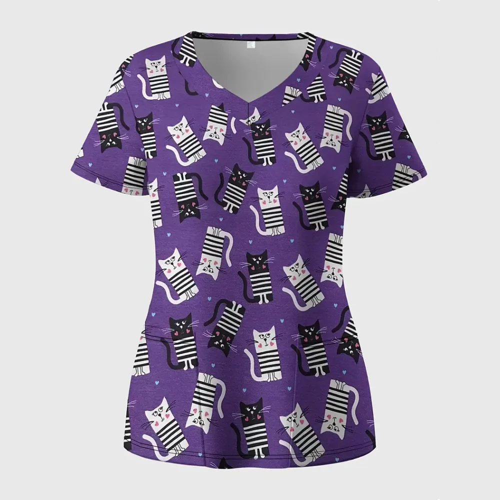 Słodki kot kreskówkowe mundury chirurgiczne kobieta moda letnia dekolt w serek Medico mikro-elastyczne krótkie rękawy naszywane kieszenie ubrania medyczne