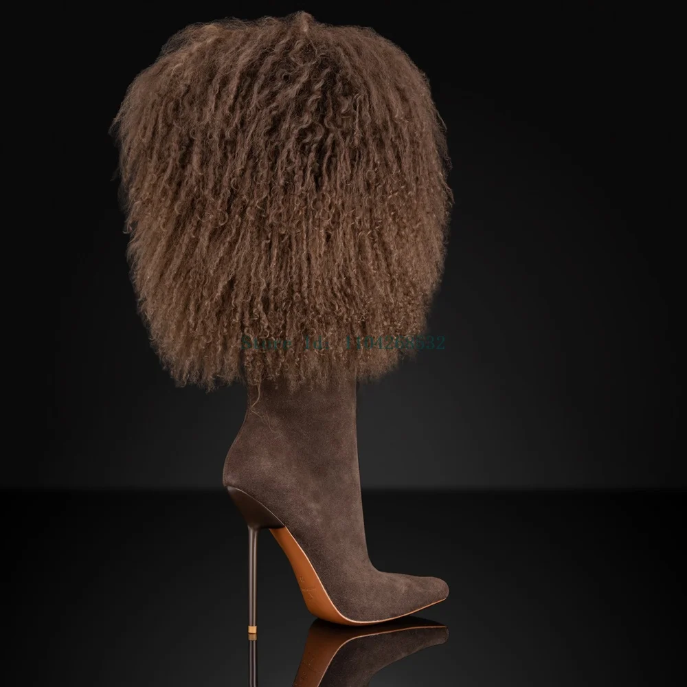 Chocolate Fur Suede Knee High Boots Sexy Pointed Toe Sitletto Solid Slip On New Arrivals Fashion Lady Modern Boots