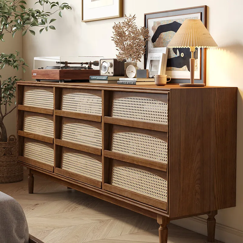 

Wangheng solid living room against the wall integrated storage Nordic living room storage bedroom rattan nine chest cabinet