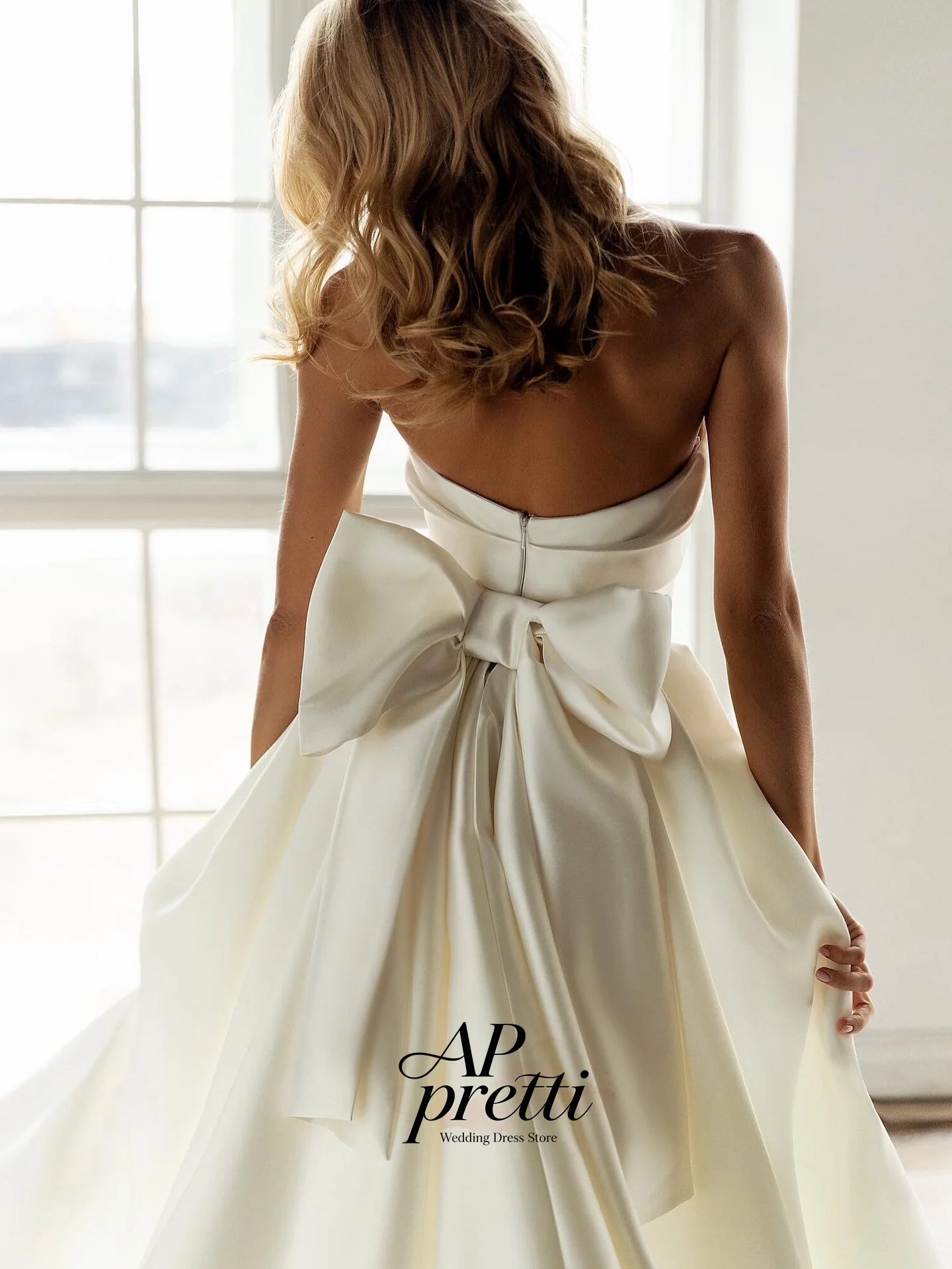 AP Pretti Ivory Satin Wedding Dress Strapless Customized Sleeveless A-line Chapel Train Floor-Length Bridal Wedding Party Dress
