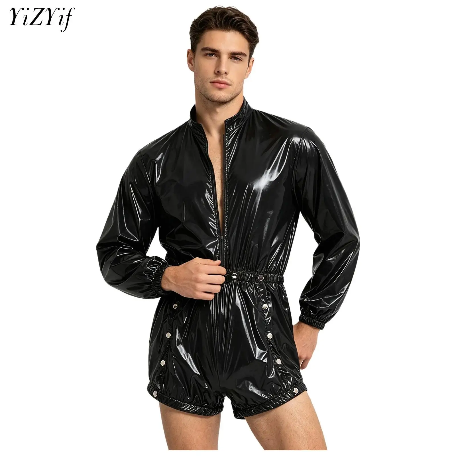 Mens Glossy Bodysuit Waterproof Diaper Cover Adaptive Jumpsuit Long Sleeve Elastic Waist Zipper Button Rompers Swimwear Clubwear