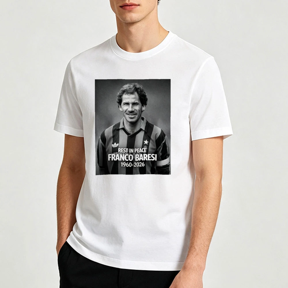 Franco Baresi Striped Kit Smiling Portrait with Memorial Dates Print Men White T Shirt Classic Collectible Soccer Tops