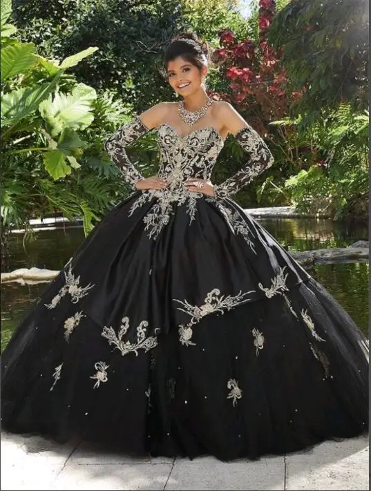 Black Princess Quinceanera Dresses Appliques Lace Removable Sleeves Pageant Party Dress Vestidos De 15 Años Customized