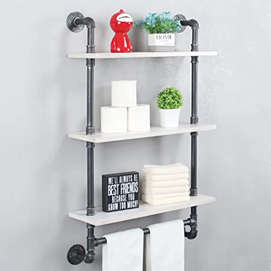 

Industrial Shelving, Bathroom Shelves with Towel bar, 24in Rustic Metal Pipe Floating Shelves Pipe Wall Shelf, Industrial Shelf