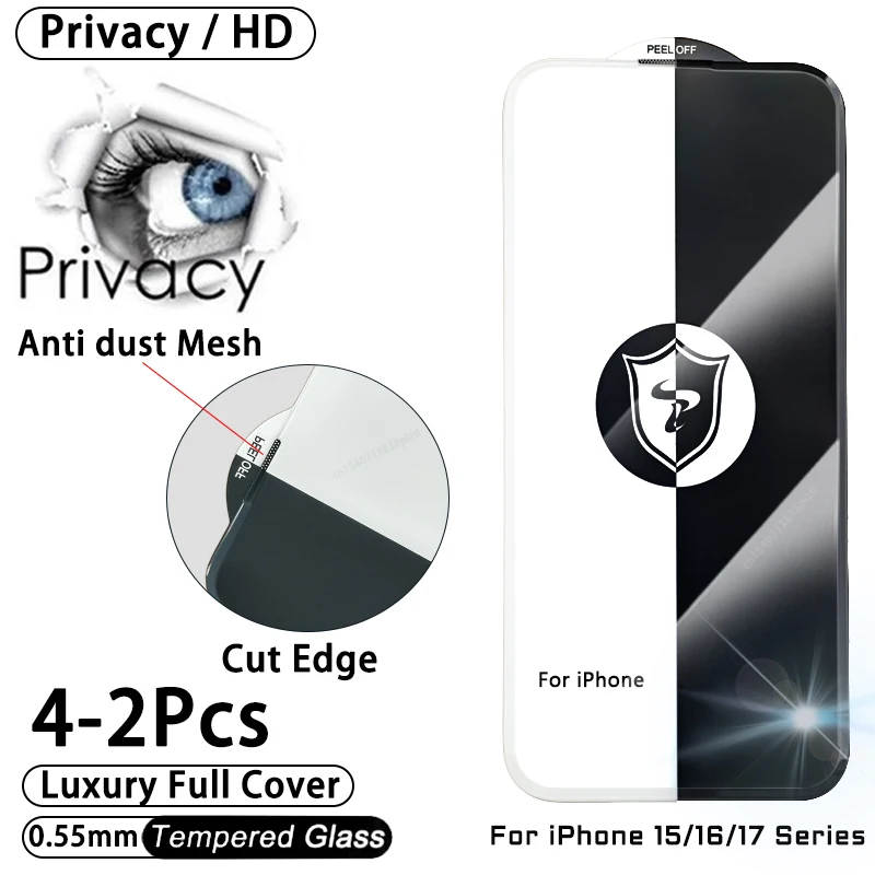 

Cut Edge Anti Dust Mesh 0.5mm Privacy Tempered Glass For iPhone 17 15 16 Pro Max Screen Protector 17 Air Plus Luxury Full Cover