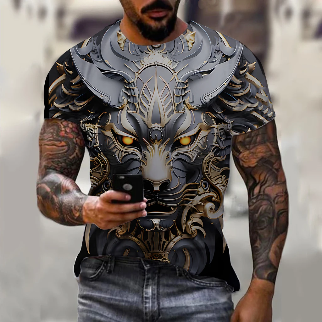 Men's T-shirt Fashion Dark Gold Totem Lion pattern 3d Printed T Shirt 2024 New Animal Short-sleeved Streetwear Summer Men's Tops image 2