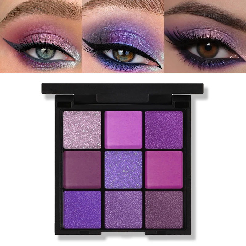 Paleta de sombras foscas roxas de 9 cores, maquiagem para olhos esfumaçados, cosplay, maquiagem de palco violeta, sombra perolada fosca de nove quadrados