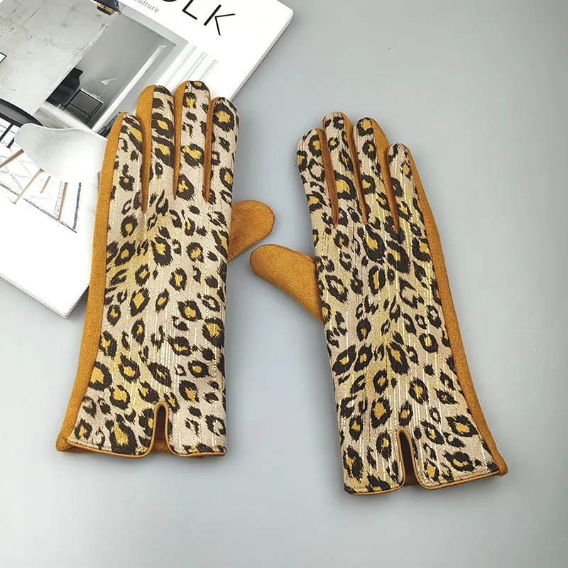 Fashion Leopard Print Suede Leather Women\'s Warm Gloves For Sports Autumn Winter Outdoor Cycling Thicken Touch Screen Driving