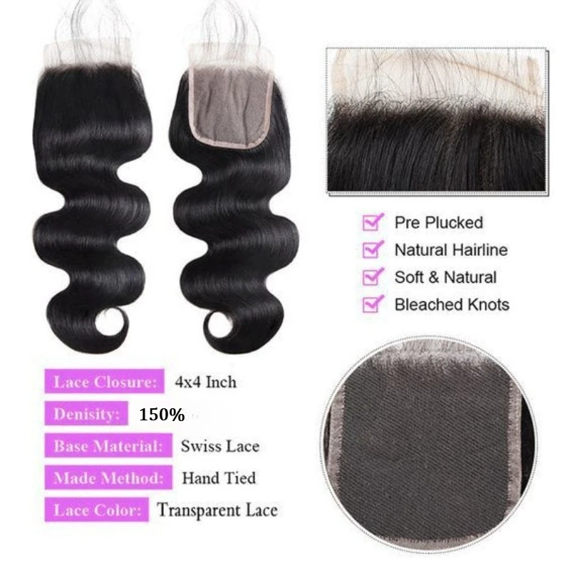 4x4 Lace Closure Body Wave Echthaar Natürliche Farbe Vorgezupftes Babyhaar Schweizer Lace Closure Für Schwarze Frauen Tägliche Perückenherstellung – Detail 1