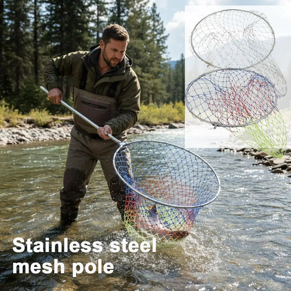 Portable Foldable Fishing Net Head Stainless Steel Nylon Landing Dip Net Universal Fit Fishing Pole Fish Catch Tackle