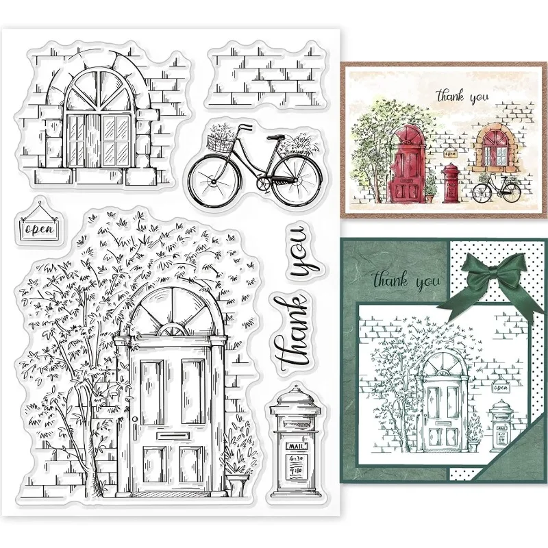 1Sheet Street Scenery Clear Stamps Tree Door Bike Silicone Stamps Windows PostboxTransparent Rubber Seal Stamps for Card Making