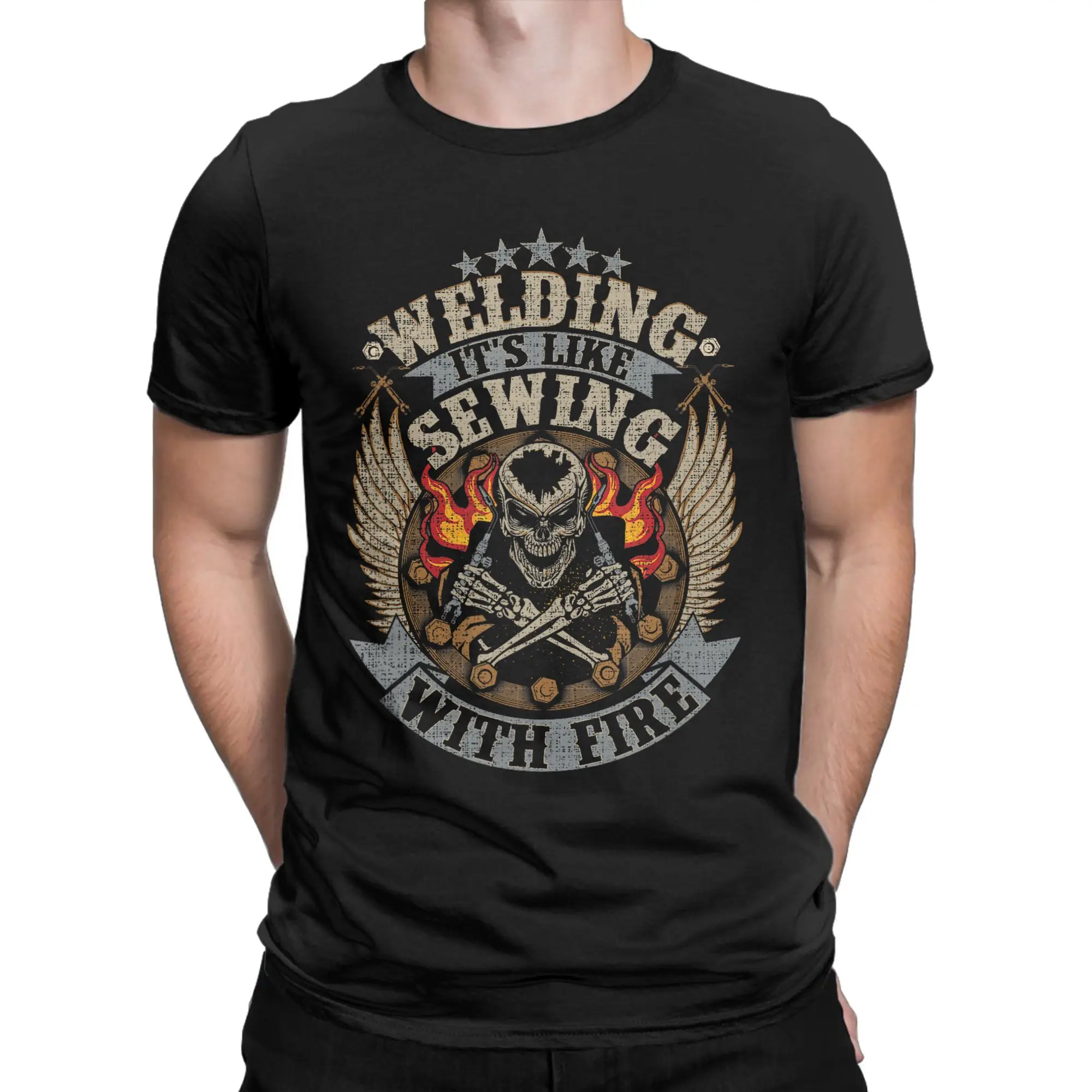 Welding is Like Sewing with Fire T Shirt Men's  Pure Cotton Funny T-Shirts Round Neck  Tee Shirt Short Sleeve Clothes Unique