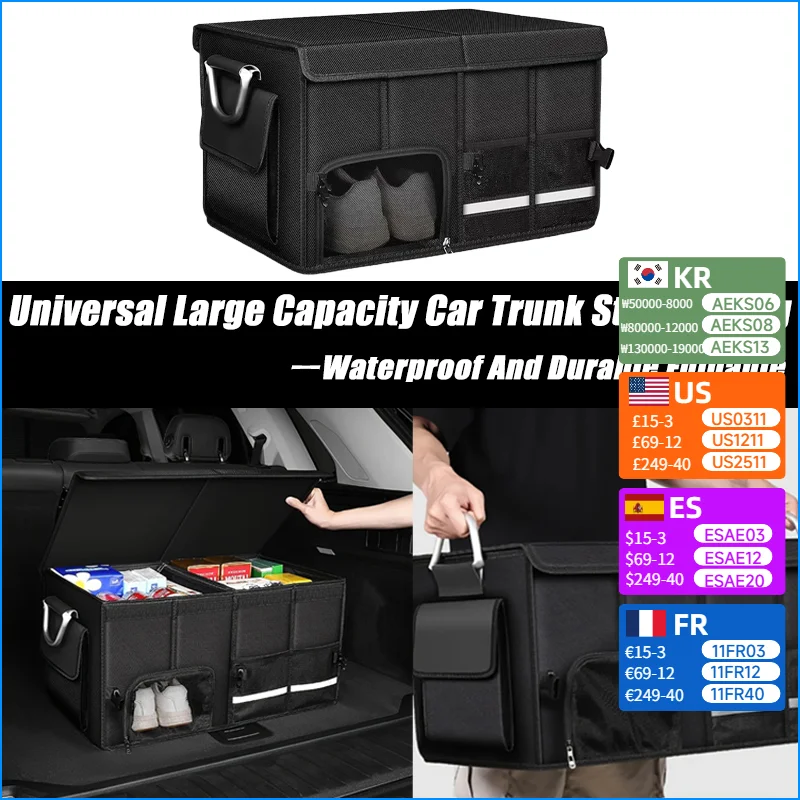 

Large Car Trunk Storage Box, Ultra Durable Foldable Oxford Car Storage Bag Metal Handle for Fishing and Camping Car Storage Part