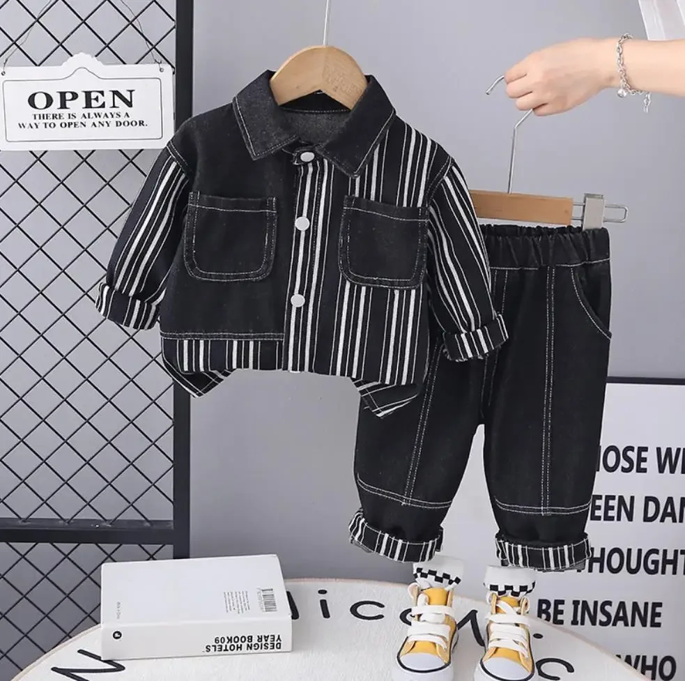 Boys Autumn Clothes Sets for Kids 1 To 2 Years Vertical Striped Denim Single-breasted Jacket+Pants Two Piece Infant Boys Outfits