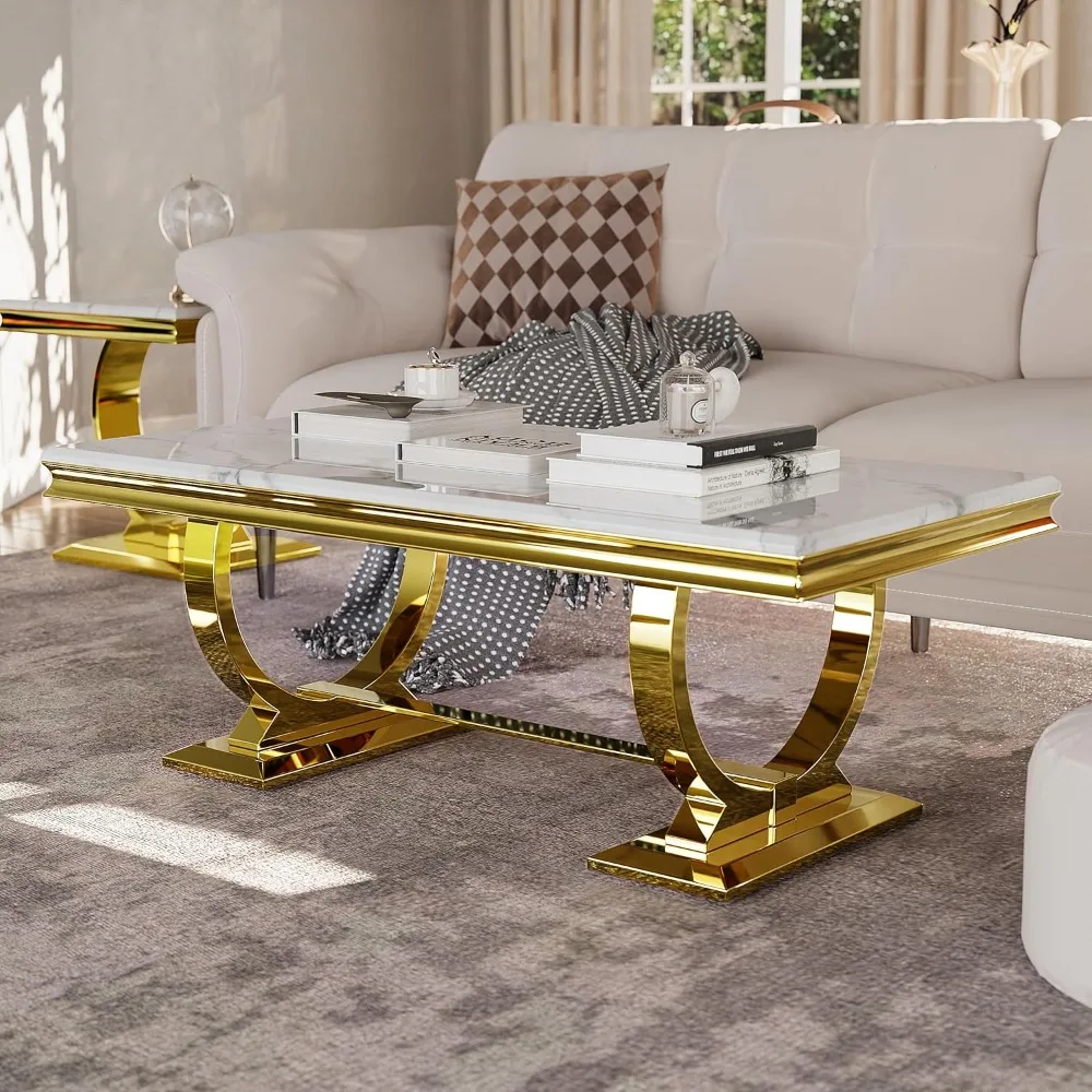 Mesa de centro dorada, mesa de té rectangular blanca y dorada para sala de estar, mesa de centro elegante