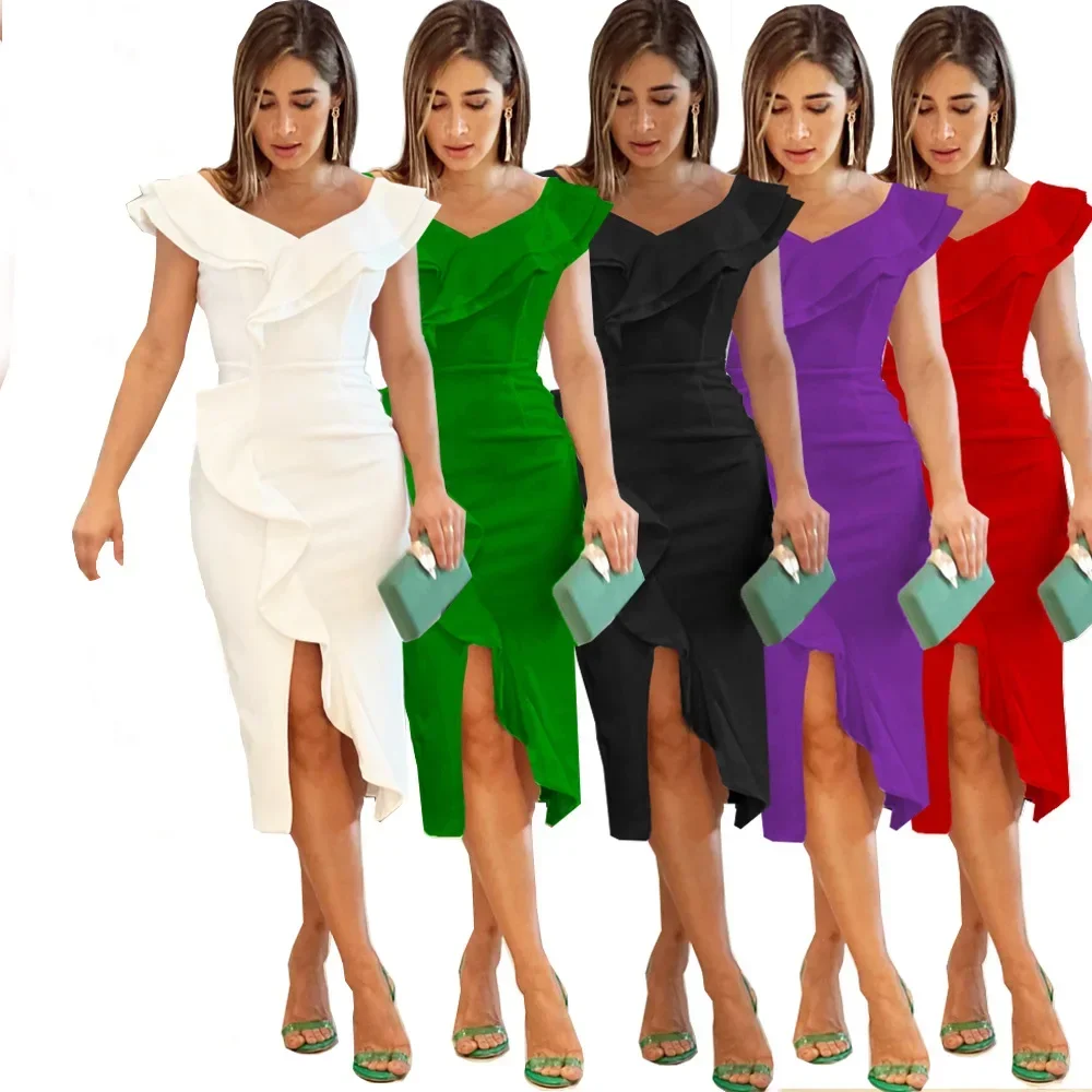 

Women Elegant Ruffle Evening Dress Solid Selvedge High Waist Party Club Wedding Birthday Cocktail Bodycon Midi Dresses