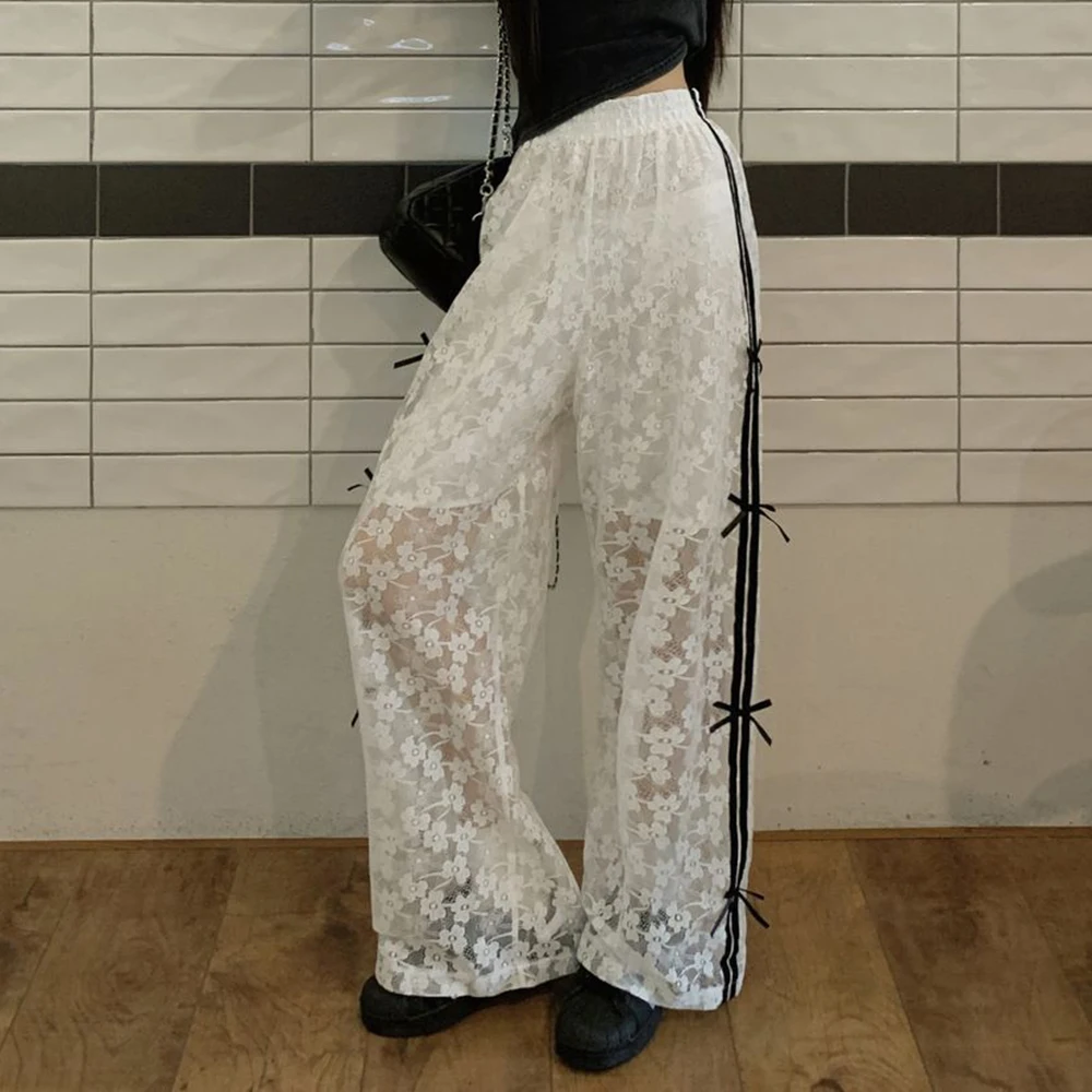 Bow lace white casual pants women's summer thin design sense hollow high waist thin straight trousers