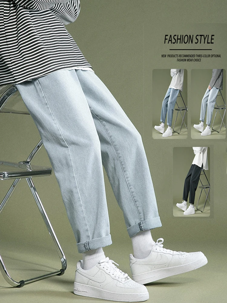 

Light Blue Men's Summer Thin Straight Leg Jeans Casual Nine Point Pants for Junior And High School Students Trendy Brand Jeans