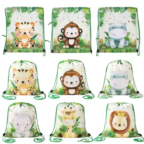 6pcs Jungle Animal Party Drawstring Bag Green Forest Wild One Jungle Safari Birthday Decor Gifts Drawstring Bag Party Supplies