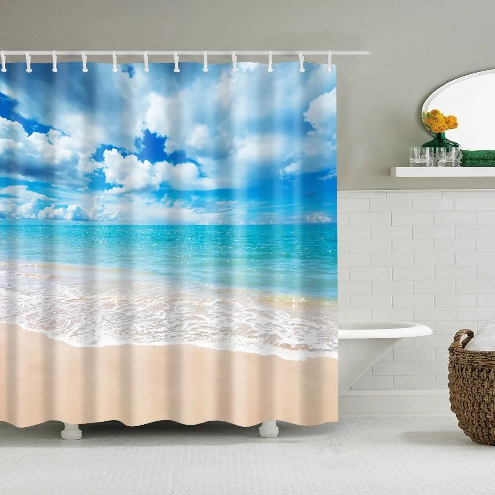 Beautiful Seaside Scenic Beach Blue Sky Shower Curtains Frabic Waterproof Polyester Bath Bathroom Curtain Home Decor with Hooks