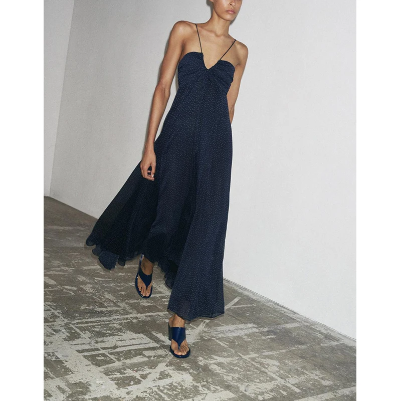 春の新作 レディースワンピース プリーツ素材 アシンメトリーヘム 水玉模様 Vネック ストラップレスワンピース ポリエステル00%