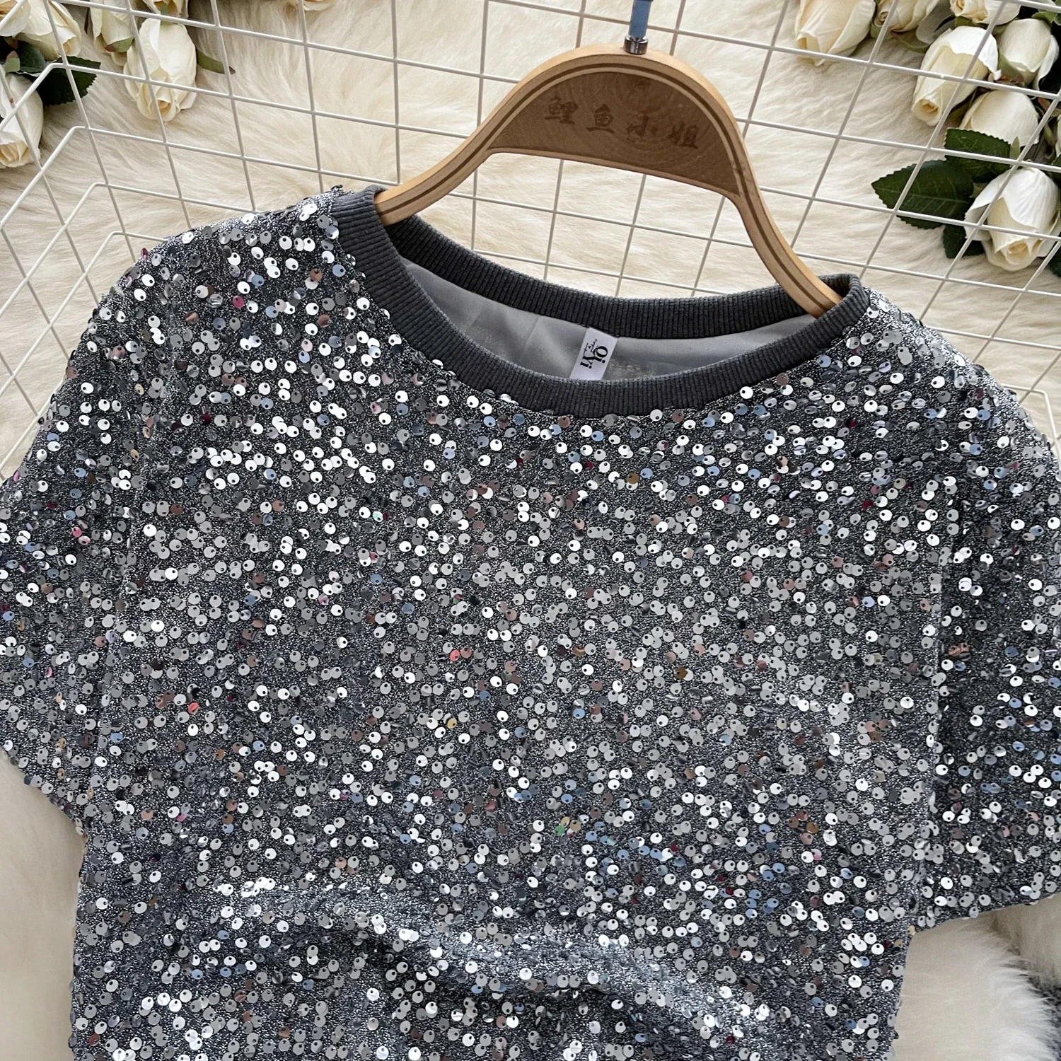 T-shirt Vintage con paillettes manica corta O collo Slim elegante moda Crop Top Sexy primavera autunno donna Top