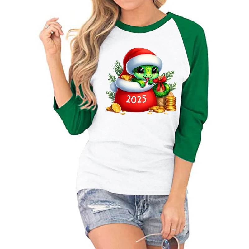 Womens Merry Christmas Seven Sleeve T-shirt Funny Christmas Snake 2025 Classic Tops Cartoon Cute Snake Design Women's Clothing