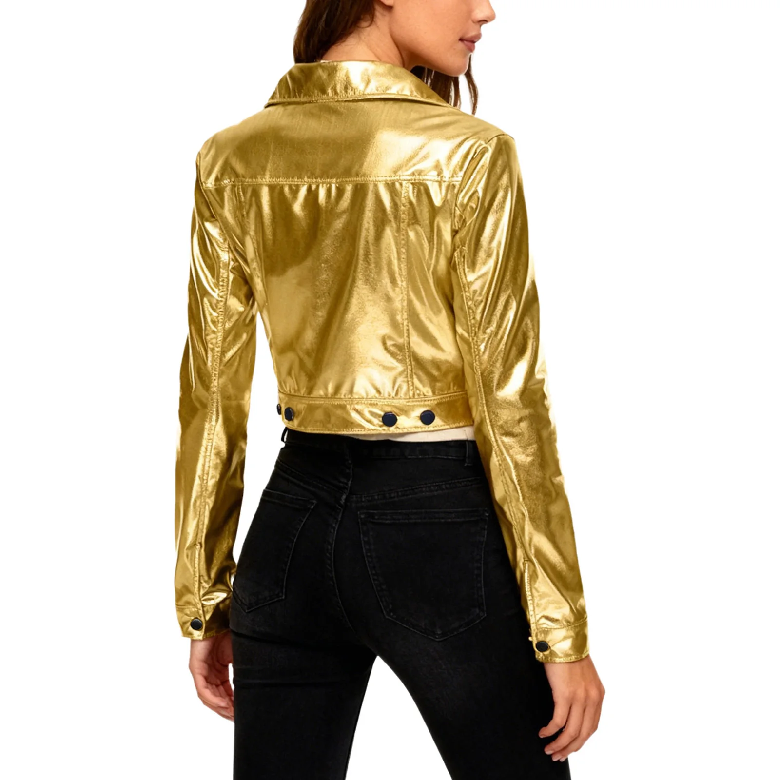 Womens Biker Cropped Moto Jacket Metallic Shiny Notch Lapel Long Sleeve Side Zipper Jacket Outerwear Music Festival Club Costume