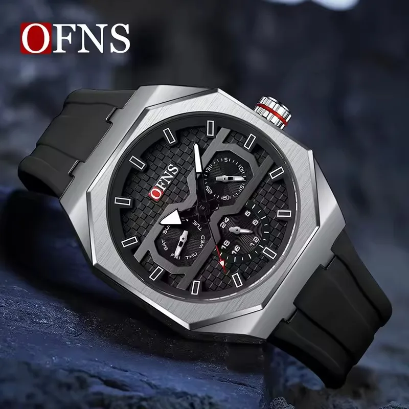 OFNS 8023 New Creative octagonal quartz watch men's luminous gas rubber waterproof wristwatch studded small three-hand day watch