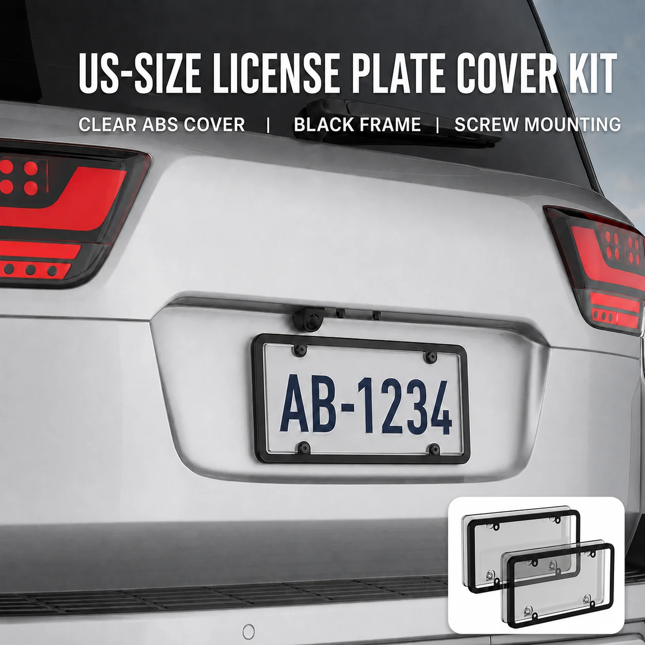 2 Sets US License Plate Cover and Black Frame Kit 12x6 Inch ABS Clear Smoke Plate Protector with Mounting Hardware