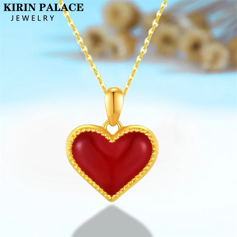 Real 18K Gold AU750 Heart Pendant Clavicle Necklace Natural Agate Fritillaria Simple Romantic Gifts For Women Fine Jewelry