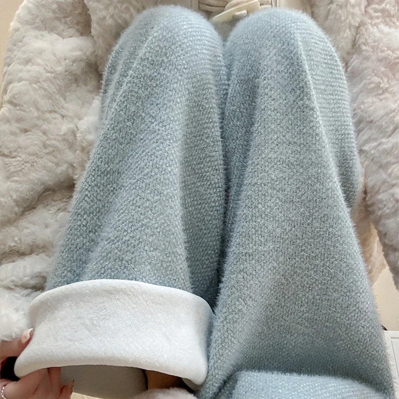 Drawstring High Waist Plush Pants For Women Winter Fleece Straight Wide Leg Casual Pants Woman Loose Thicken Warm Trousers Mujer
