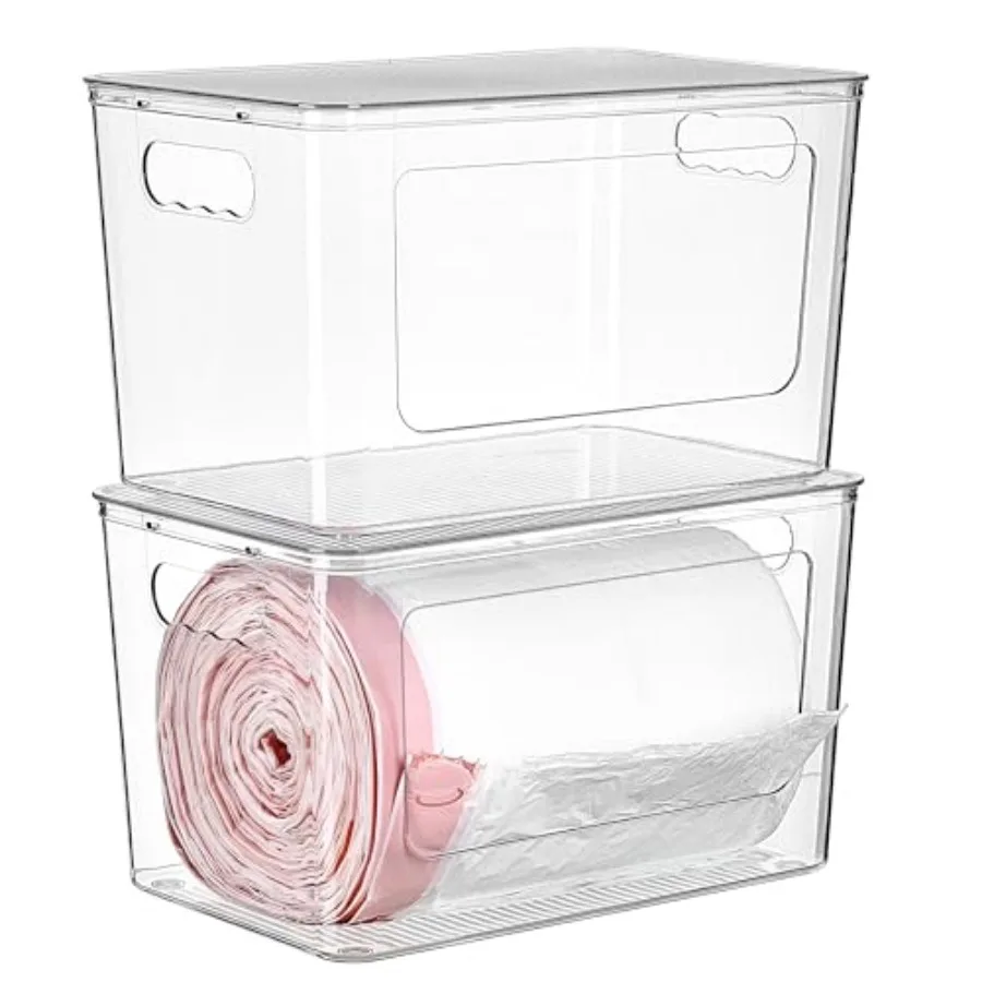 

Trash Bag Holder, Stackable Garbage Bag Dispenser for 13/30/33 Gallon Bags, Clear Organizer Bins for Under Kitchen Sink, Laundr