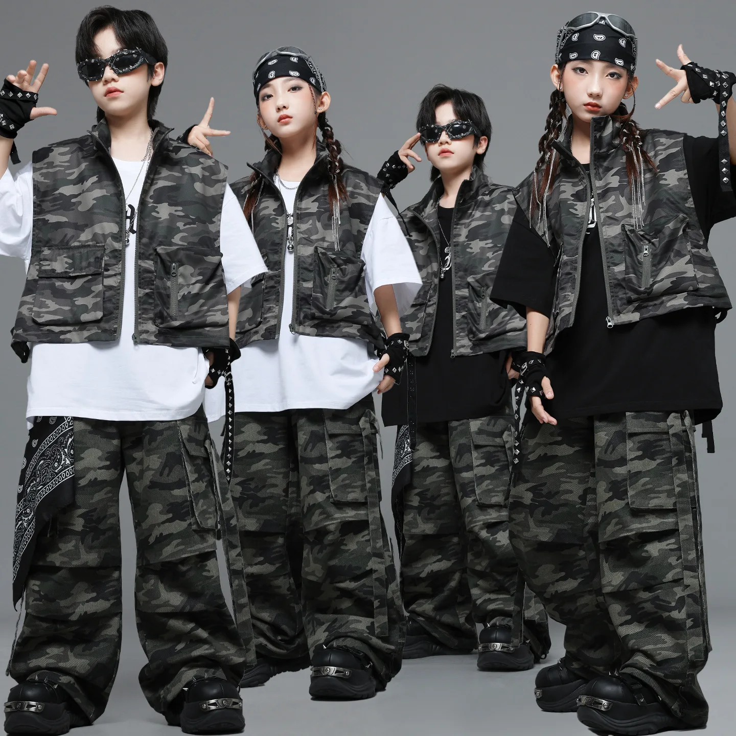 طفل Kpop الهيب هوب الملابس كامو جاكيت بلا إكمام سترة المحملة حزام غير رسمي المظلة البضائع السراويل لفتاة صبي ملابس رقص الملابس