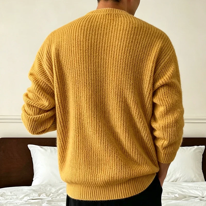 Herren Einfarbiger Strickpullover Frühling Herbst Lässige Mode Gerippte Textur Langarm Lockerer Rundhals-Strickpullover – Detail 21