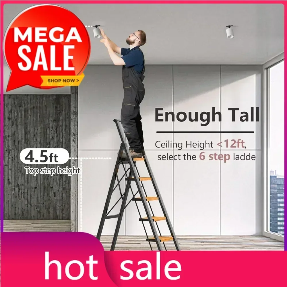 Escalera de 6 peldaños para techos de 12 pies de altura, superventas, ligera, de aluminio, plegable, con práctico agarre, escalera de mano.