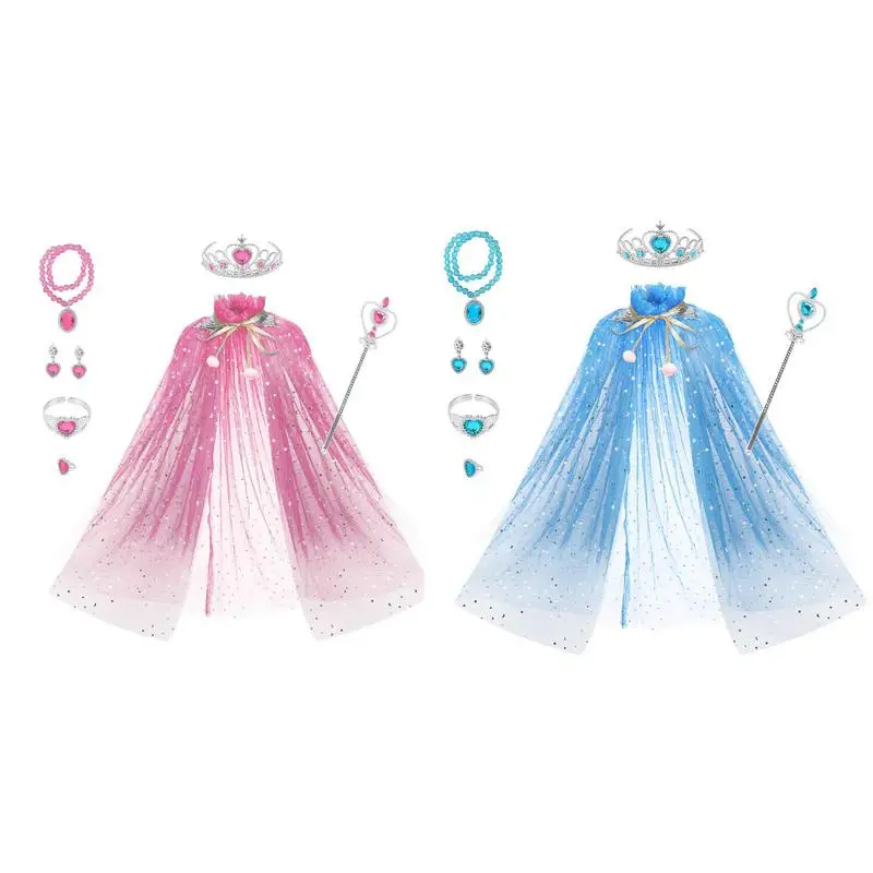 

FrozenPrincess Cloak Set Pink Blue Soft Gauze Solid Color Star Sequins Outer Cloak Girls Princess Veil Dress Up Clothes Capes