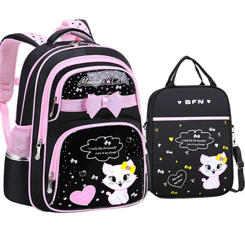 New Korean Primary PU leather School Bag 2020 Fashion Cute Girls With Cute Cat Orthopaedic  Waterproof Backpack