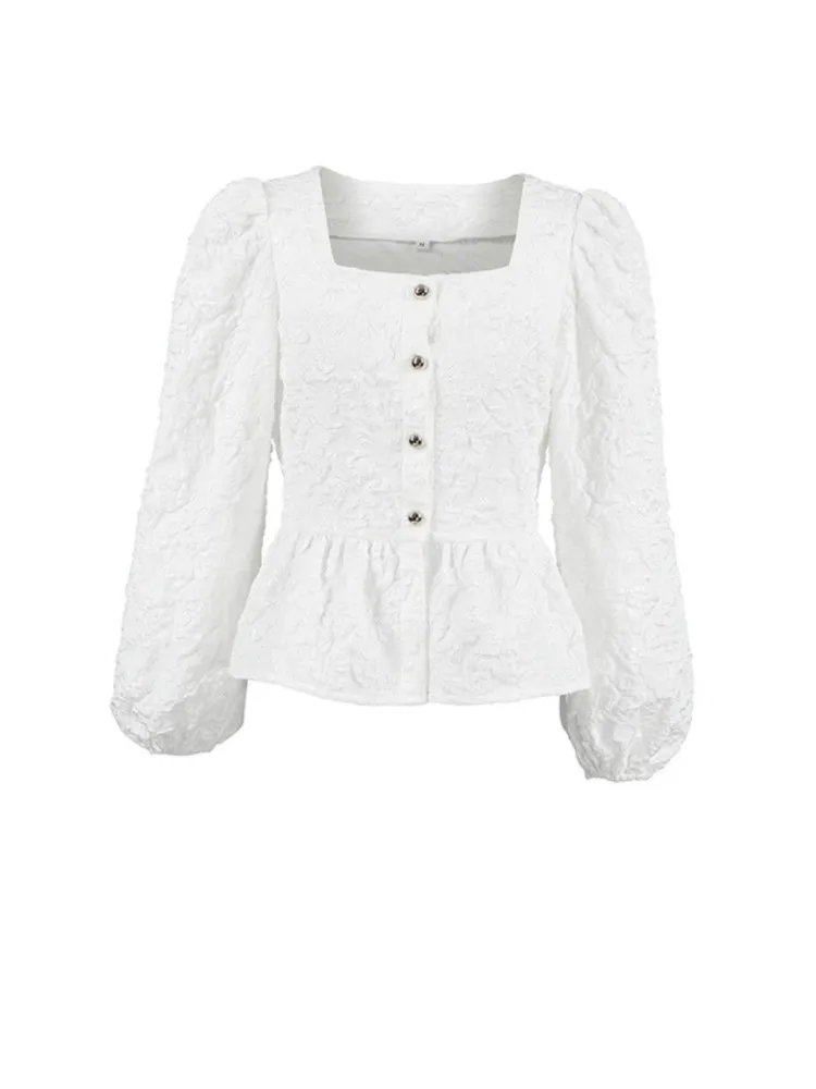 Elegant Solid Color Puffed-sleeve Top Fashion Square Neck Single-row Buckle Straight Cylinder Blouses Spring Autumn Ladies Shirt