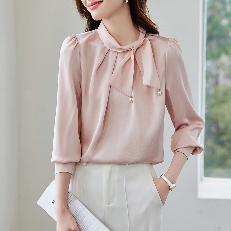 Bow Collar Shirts for Women 2025 Spring Vintage White Shirt Women Satin Professional Ladies Tops Korean Fashion Women's Clothing