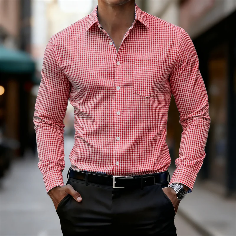 2025 Men's Business Casual Blue and White Fine Check Long-Sleeve Shirt, Slim Fit, Stylish Men's Shirt, Available in 11 Colors