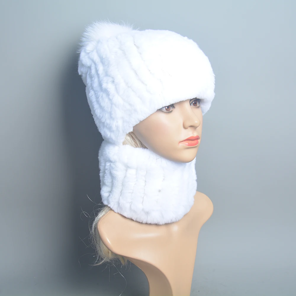 Women Knit Real Rex Rabbit Fur Hat Scarf Sets Natural Warm Rex Rabbit Fur Scarves Hat Winter Lady Real Rex Rabbit Fur Hat Scarf