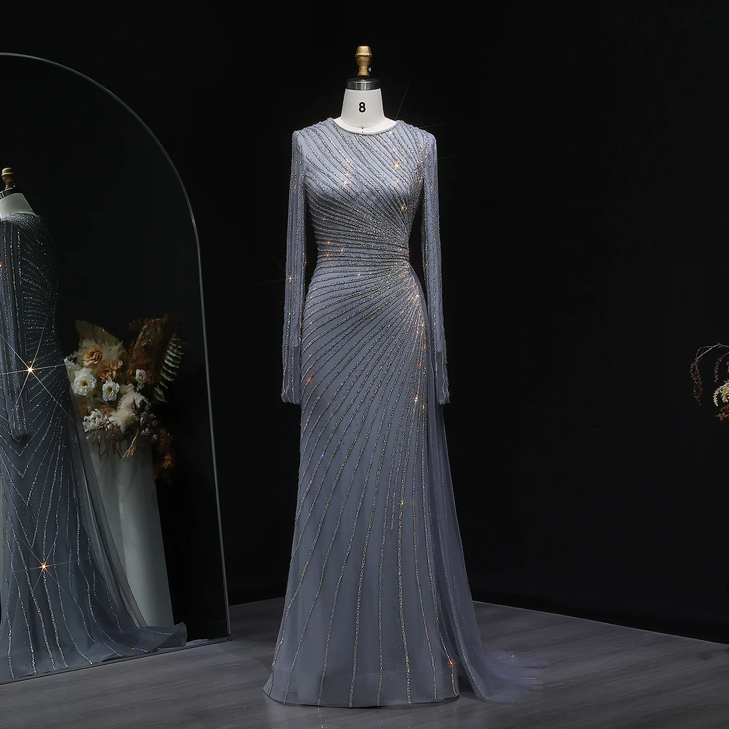 Sharon Said Luxuriöses Graublaues Meerjungfrauen-Abendkleid mit Seitenrock in Roségold für Damen, Hochzeitsfeierkleid 2026 SS113 Maßanfertigung – Detail 15