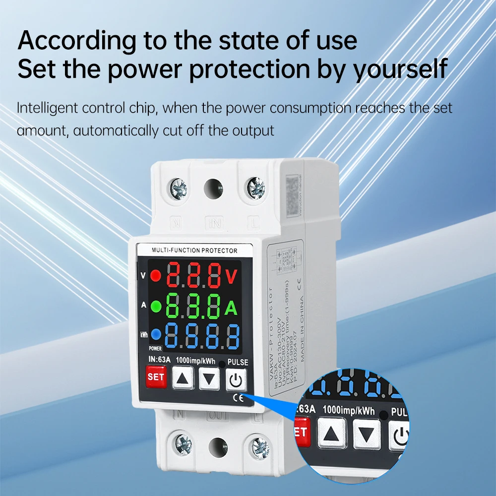 35mm 63A Din Rail Adjustable Over Voltage And Under Voltage Protective Device Protector Relay Over Current Protection Limit