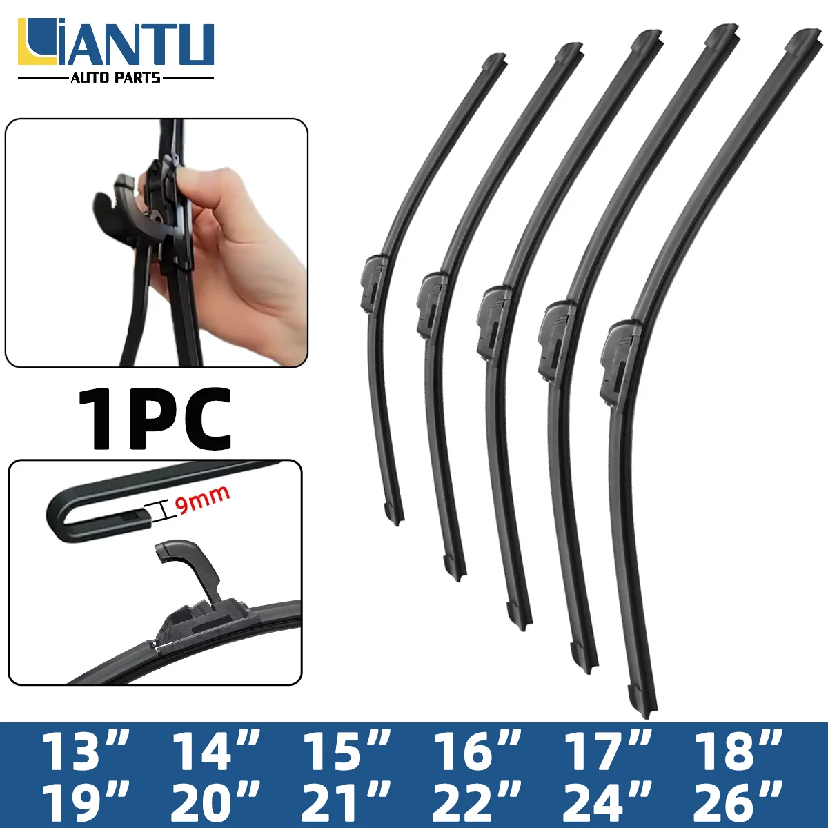 1PC 9mm J Hook Type Universal Frameless Car Windshield Wiper Blade 13