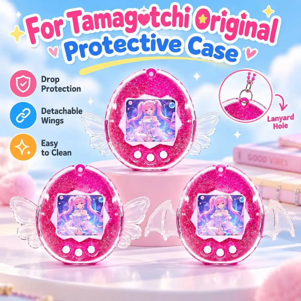 Protective Case for Tamagotchi Clear Hard PC Shell with Interchangeable Shape Wings Precise Button Cutouts and Lanyard Hole