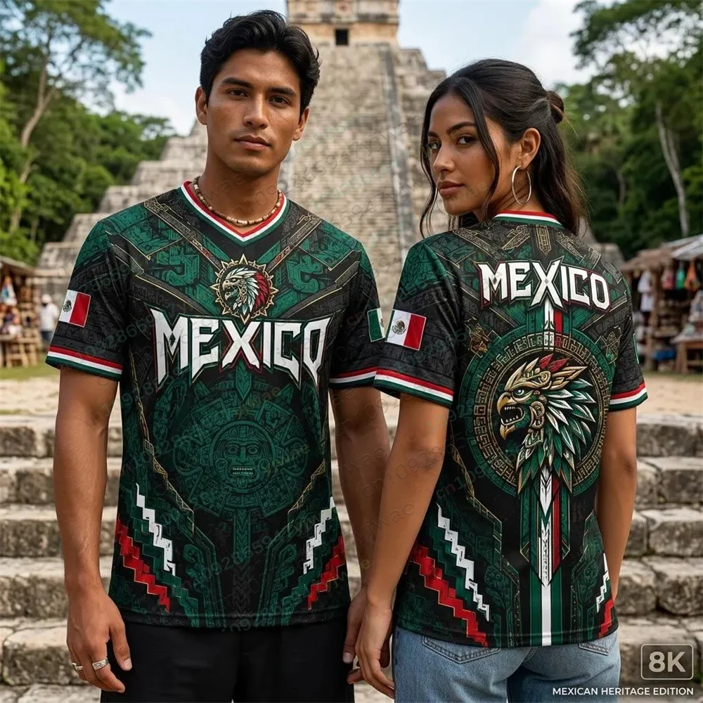 Mexico Eagle Warrior Jersey V-neck Soccer Jersey Mexican Pride Football Tee Aztec Graphic Sports Top Mens T-shirt Beach T-shirt